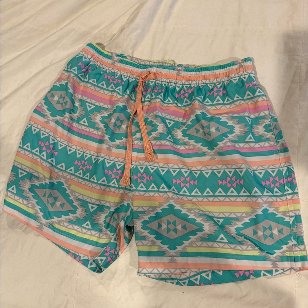 chubbies Turquoise Aztec Print Athletic Shorts with Coral Drawstring